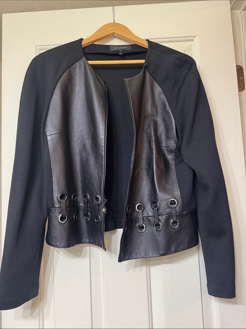 St. John Black Leather-Panel Open Jacket with Eyelet Lace Detail
